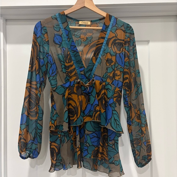 Opera Fashion Brown Floral Fairy Grunge Y2K Festival Mesh Blouse Size 8/40 FLAW - Picture 3 of 15